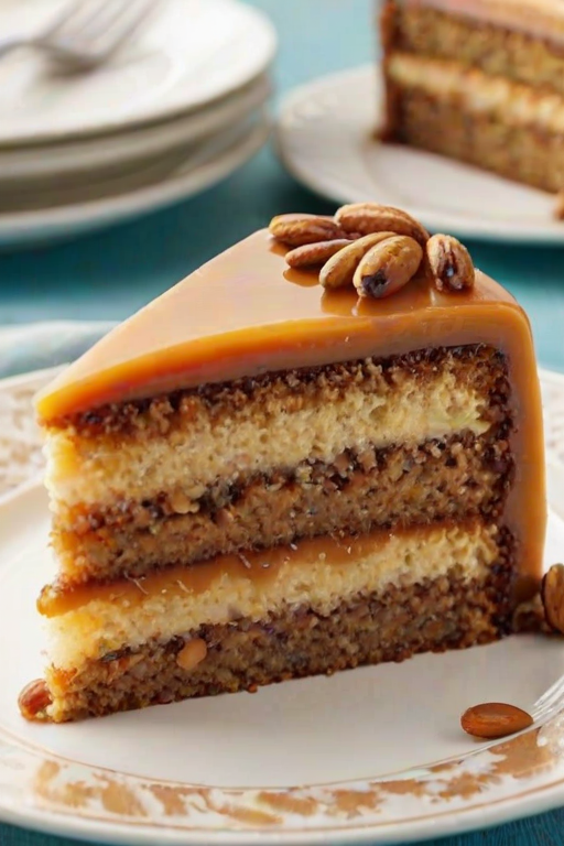 Create an image of a slice of layered cake with a moist texture. The cake should have a light brown color with visible nuts incorporated into the layers. It should be filled with a creamy frosting and drizzled with a rich caramel sauce on top. The cake should be garnished with whole nuts and placed on a decorative plate. The background should be softly blurred to emphasize the cake.