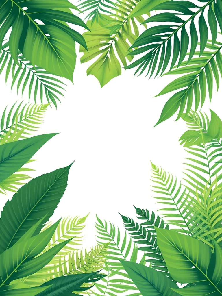 Create an illustration of a tropical leaf frame with various green palm leaves and ferns around a blank center, using high contrast and vibrant colors, in a flat design style, with a crisp focus and a 35mm lens setting, f/8 aperture, soft natural lighting, and minimalistic background.