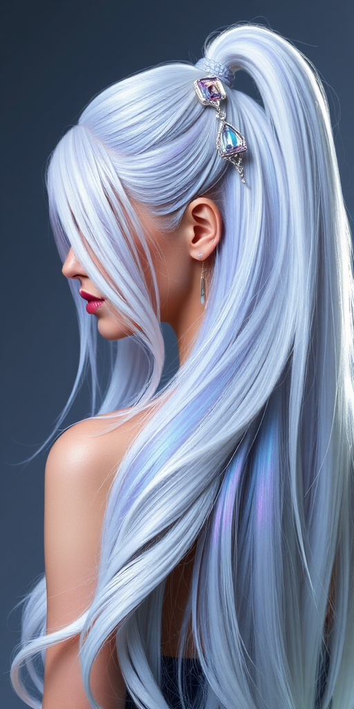 Mystical portrait reveals Moonstone Shimmer long hair, pearlescent white base with iridescent blue and purple undertones, styled in a sleek high ponytail with crystal-embellished accessories