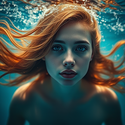 portrait of a woman with flowing hair underwater surrounded by ethereal light, soft focus, f/2.8, ISO 200, 1/125s, taken with a full-frame DSLR camera, using a 50mm lens, high dynamic range, dramatic lighting.