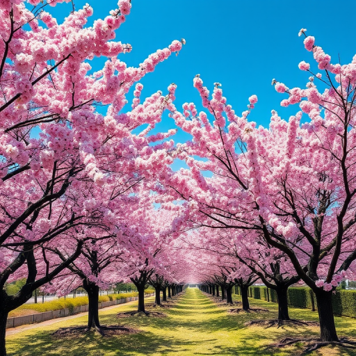 create a serene landscape of cherry blossom trees in full bloom with vibrant pink flowers under a bright blue sky, use a Canon EOS R5 with a 50mm f/1.8 lens, aperture set to f/2.8, shutter speed at 1/200s, ISO 100, and a soft focus effect to enhance image quality and depth.