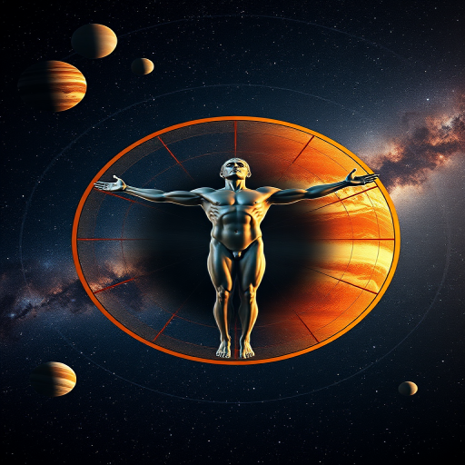 Create a high-resolution image of the Vitruvian Man surrounded by planets in a cosmic background, using a DSLR camera with a 50mm lens, aperture f/1.8, ISO 100, 1/125s shutter speed, wide-angle view, and enhanced color saturation for vivid details.