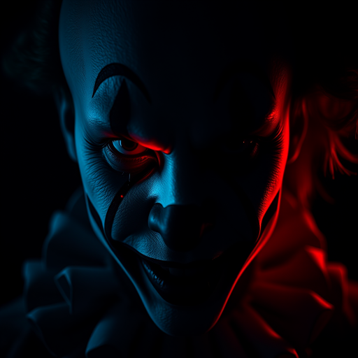 Create a dark, atmospheric portrait of a split-faced clown character with one half in shadow and the other illuminated in red light, using a Canon EOS R5 with a 50mm lens at f/1.8, ISO 400, 1/60 sec, shot in low light for dramatic effect, capturing intricate details and textures on the face.