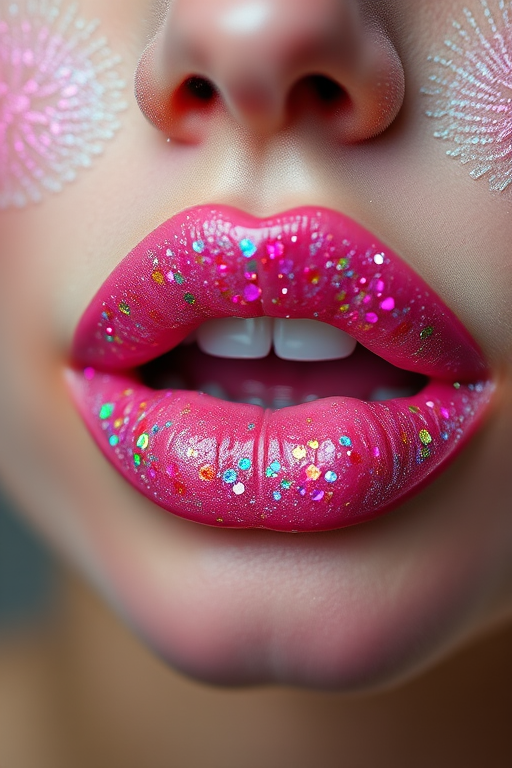 Enchanting "Fairy Dust" lip style incorporates a translucent base with multicolored, iridescent glitter, creating a magical, otherworldly effect that sparkles with every movement