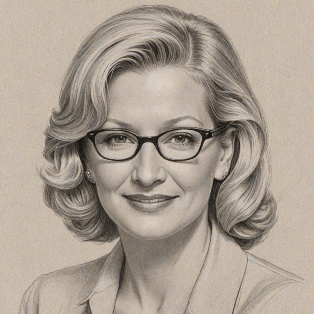 Superb Diane Sawyer, pencil sketch, portrait of Wonderful woman 1948s in glasses, hair style beatnik, outline, clear lines, fine lines, 8k