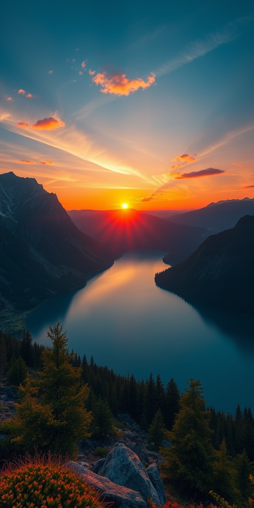 Generate a high-resolution image of a scenic landscape at sunset featuring mountains and a lake, shot with a Canon EOS R5, 24mm lens, aperture f/8, ISO 100, shutter speed 1/200s, with a wide-angle view, and vibrant colors to enhance image quality.
