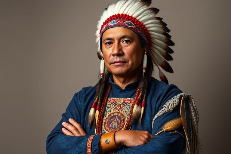 Create a dignified portrait of a Native American man dressed in traditional attire. He wears a beautifully crafted headdress adorned with white feathers and red beads, along with a beaded headband featuring intricate patterns. His clothing includes a deep blue, patterned shirt and a traditional chest piece with detailed beadwork. His arms are crossed, displaying leather armbands decorated with feathers. The background is simple and neutral, emphasizing his proud and stoic expression. The overall image captures the rich cultural heritage and strength of his persona.