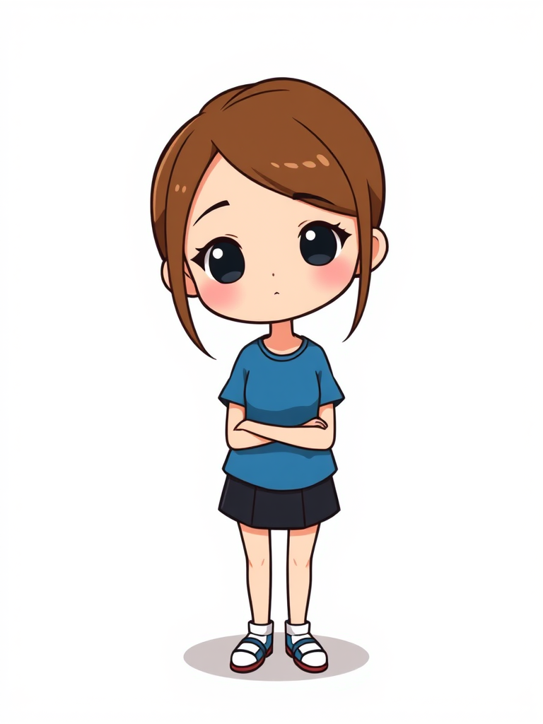 Draw a cartoon character of a girl with brown hair and a blue shirt, standing still, with a simple background, using a high-resolution digital art style, captured in an isometric view with clean lines and flat colors, simulating a 50mm lens with aperture set at f/2.8 for a subtle depth of field.