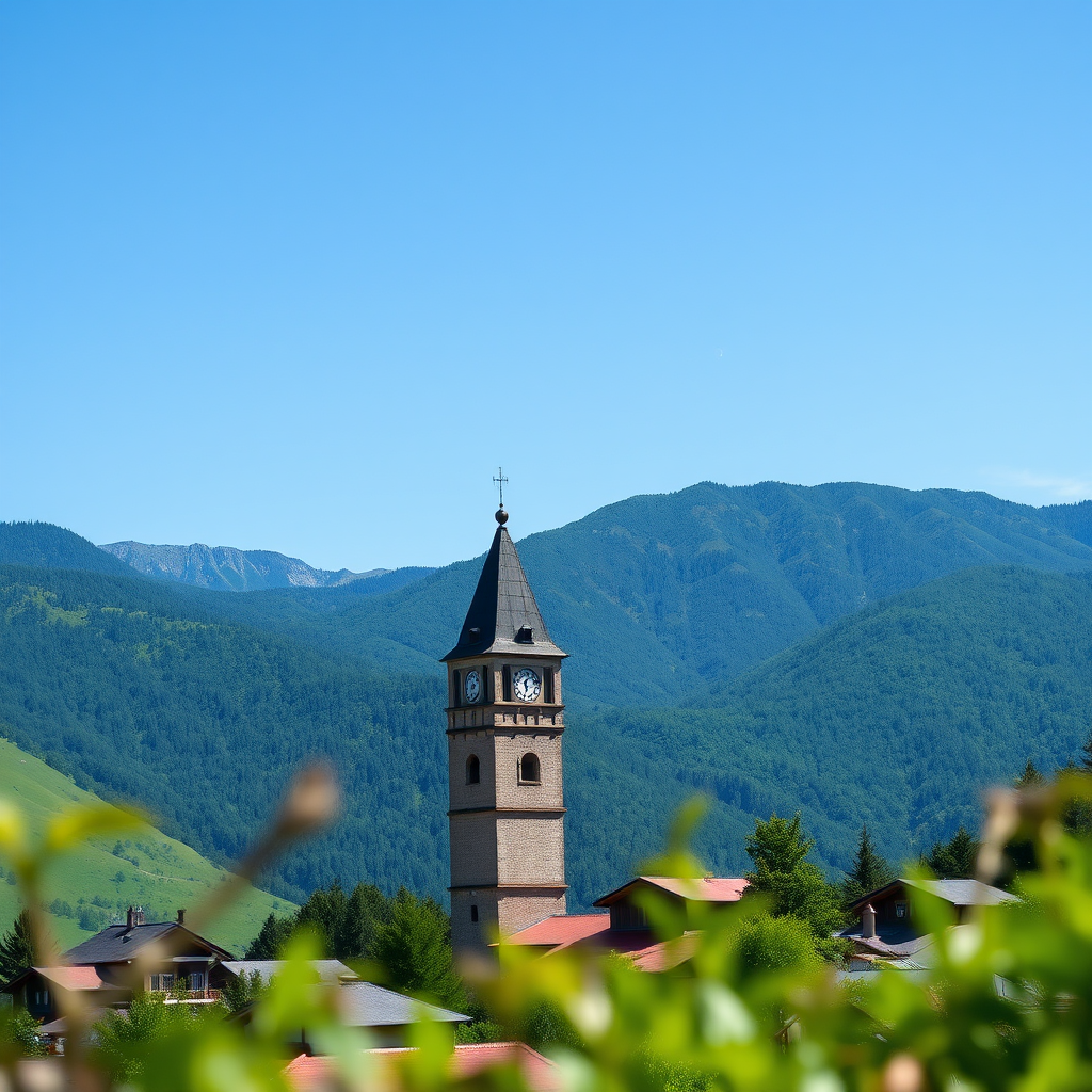 scenic view of a mountain village with a clock tower surrounded by lush green hills under a clear blue sky, captured with a DSLR camera, 50mm lens, f/8 aperture, ISO 200, natural lighting, in portrait orientation, focus on the clock tower with a slight bokeh effect in the foreground.