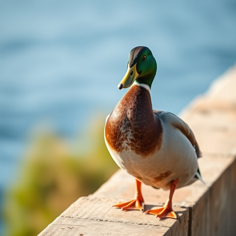 Capture a close-up of a mallard duck standing on a ledge with a shallow depth of field, using a Canon EOS R5 with a 100mm f/2.8 macro lens at f/4, ISO 100, shutter speed 1/200s, in natural light for enhanced details and a soft background.