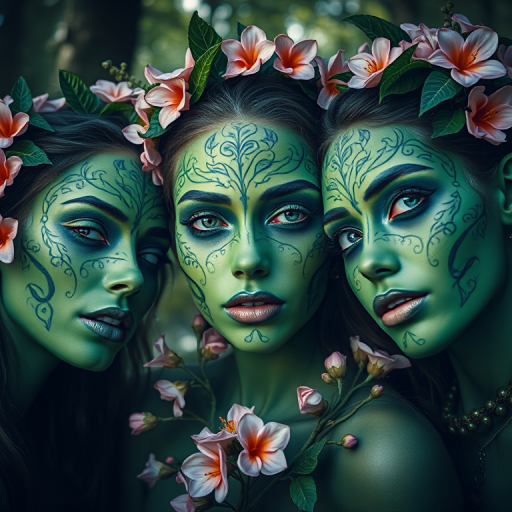portrait of three ethereal women with intricate floral and leafy face paint, vibrant green skin, adorned with pink blossoms and surrounded by a mystical forest backdrop, soft diffused lighting, f/1.8 aperture, ISO 200, 85mm lens, shot from a low angle for dramatic effect, fine art photography style, high resolution image