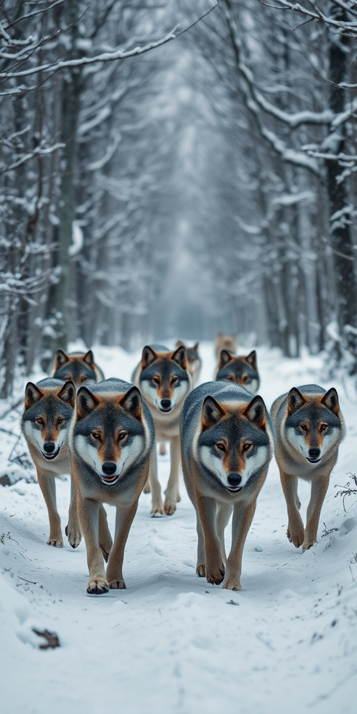 A pack of wolves walking through a snowy forest, focus on realism, with soft natural lighting, shallow depth of field, shot at f/2.8, ISO 100, 24mm lens, using a full-frame DSLR camera.