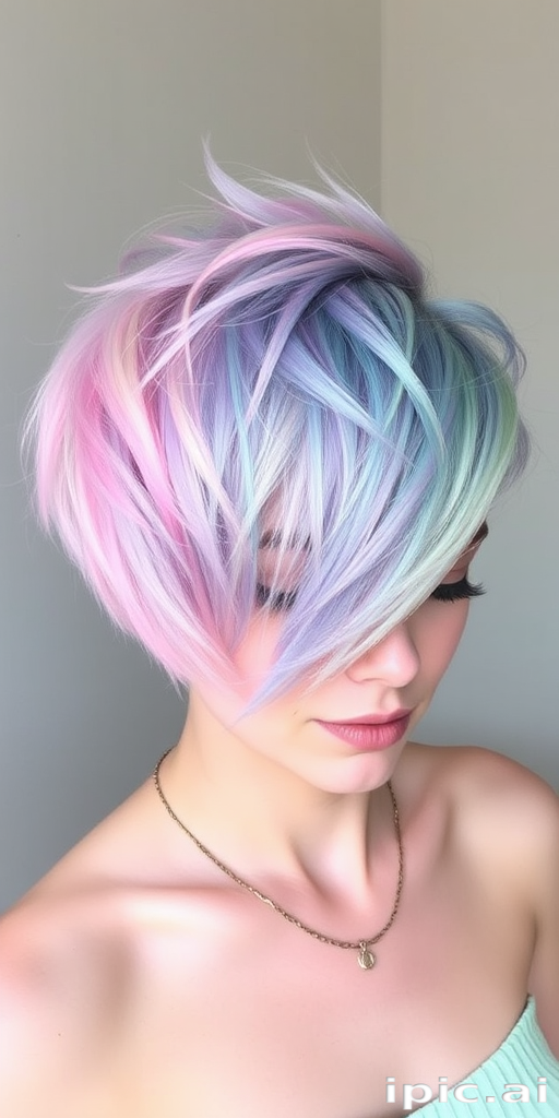 Ethereal beauty sports Pastel Rainbow pixie cut, featuring soft pastel shades of pink, blue, lavender, and mint green expertly blended in a textured, spiky style