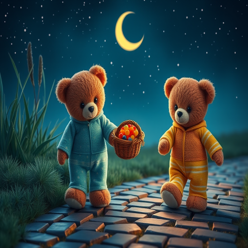 create a whimsical nighttime scene of two teddy bears wearing colorful pajamas, one holding a basket of candy, walking along a cobblestone path under a starry sky with a crescent moon, shot with a Canon EOS R5, 50mm lens, f/1.8, ISO 200, soft focus for dreamy effect
