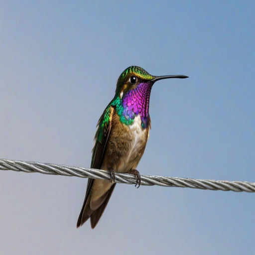 a close-up of a colorful hummingbird perched on a thin wire against a clear sky background with a slight focus on its iridescent feathers
