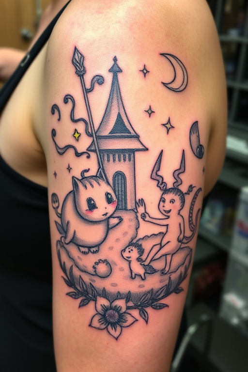 Illustrative tattoo titled "Storybook Adventure" showcasing a whimsical scene from a fairytale with fantastical creatures and magical elements, utilizing a mix of fine lines and soft shading techniques