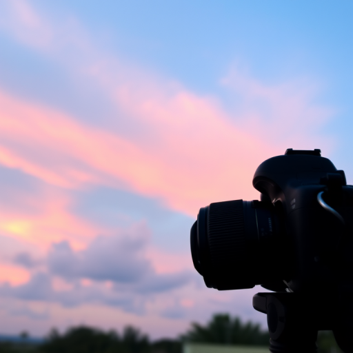 capture a serene sunset sky with soft pink and blue hues, elevated view, using a DSLR camera with a 35mm lens, aperture f/8, ISO 200, shutter speed 1/200 sec, natural light, focus on cloud textures