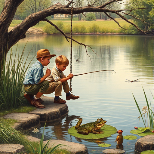 Imagine a small group of old fashioned young boys out fishing by the creek, a swing hanging from a tree branch, reeds and grasses by the water's edge, a frog sitting on a lily pad, dragonflies hovering over som water plans, a very iconic old fashioned scene reminiscent of a Norman Rockwell painting style