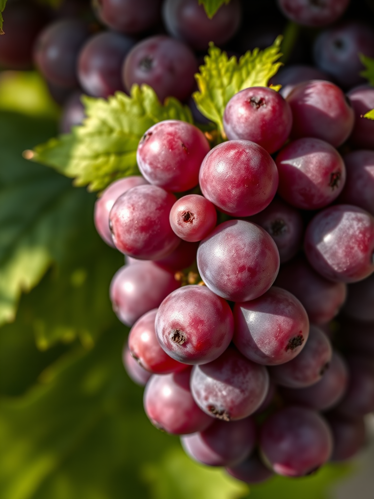 Create a high-resolution image of a bunch of purple grapes with vibrant green leaves, using a macro lens, f/2.8 aperture for depth of field, ISO 100 for clarity, and natural lighting to enhance colors.