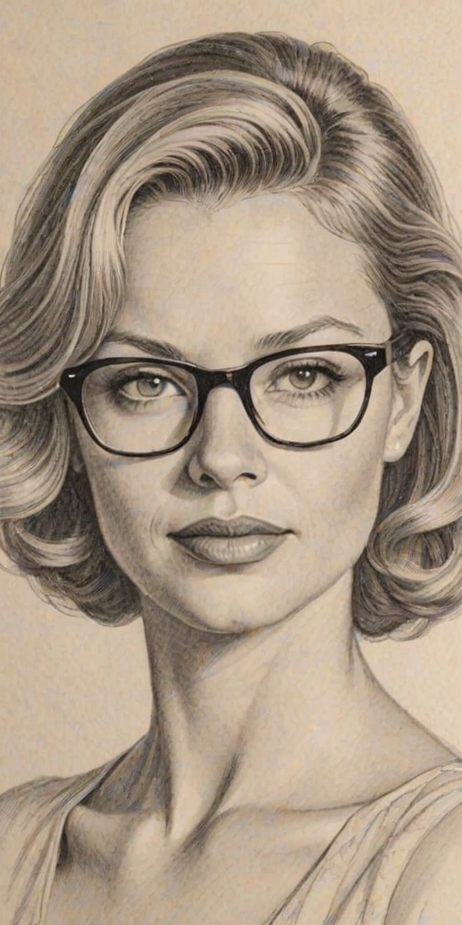 Dazzling Amanda Detmer, pencil sketch, portrait of Superb woman 1942s in glasses, hair style beatnik, outline, clear lines, fine lines, 8k
