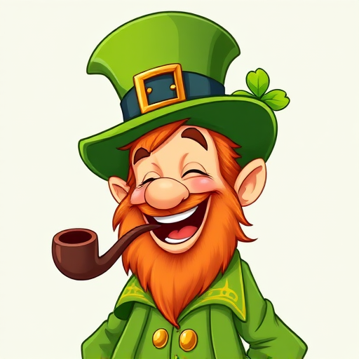 Regenerate a vibrant cartoon illustration of a cheerful leprechaun laughing with a pipe, wearing a green hat with a gold buckle and a shamrock, using a digital illustration style, 300 DPI resolution, 4K quality, wide-angle view, soft lighting, and high contrast.