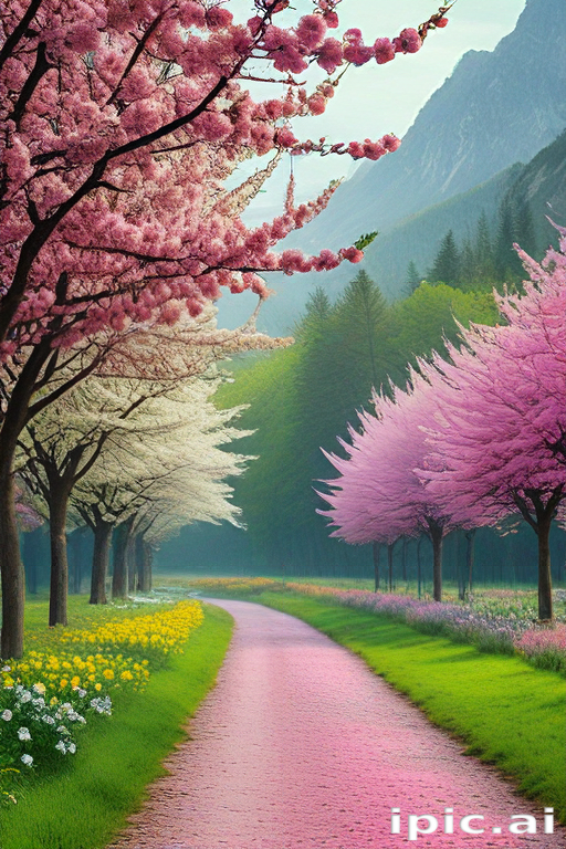 Blossoming Cherry Trees Line a Serene Pathway Through Vibrant Nature