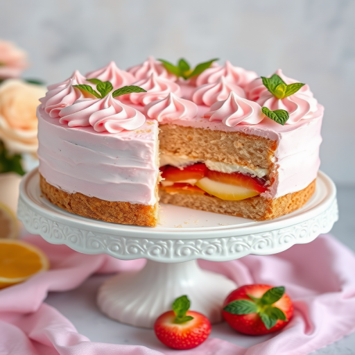 A beautifully layered cake with light brown sponge and pink frosting, topped with swirls of pink meringue and garnished with fresh mint leaves, displayed on a white ornate cake stand, with a slice cut out to reveal its creamy filling and fruit layers, surrounded by soft pastel colors and fresh fruit.