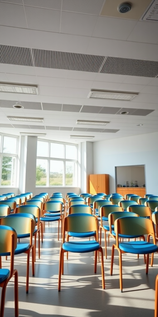 Interior of a bright and spacious classroom with rows of blue and wooden chairs, soft natural lighting coming through large windows, shallow depth of field, camera settings: f/2.8, ISO 200, shutter speed 1/60s, camera view: eye level, camera style: documentary, camera type: DSLR.