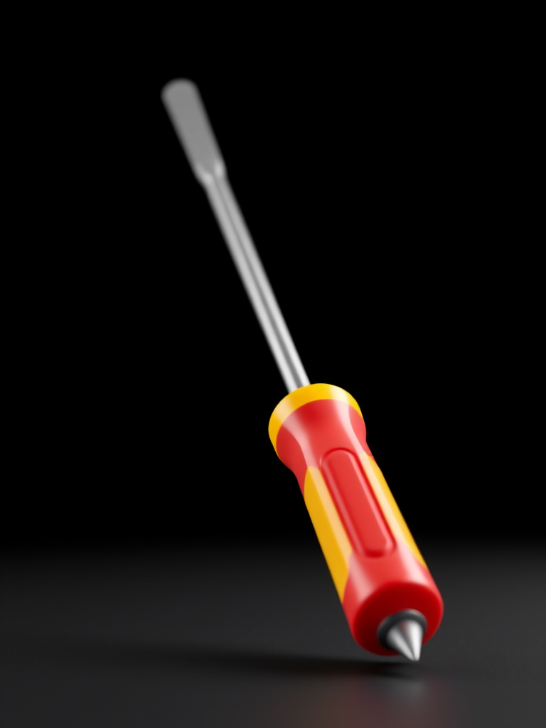 Create a highly detailed 3D rendering of a red and yellow screwdriver with a glossy finish, set against a black background, using a DSLR camera with an aperture of f/2.8, a shutter speed of 1/60 sec, ISO 100, macro lens, and a slight tilt-shift effect to create depth of field.