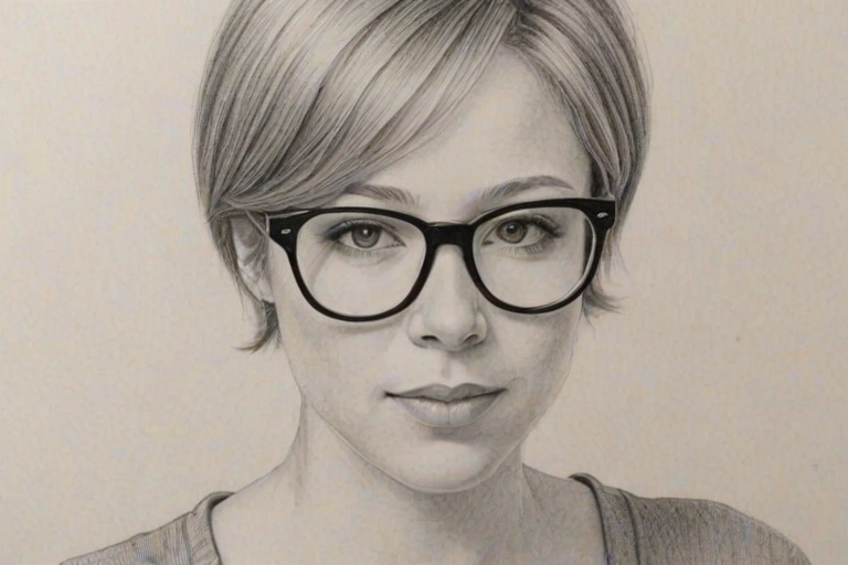 Delightful Liza Weil, pencil sketch, portrait of Captivating woman 1969s in glasses, hair style beatnik, outline, clear lines, fine lines, 8k
