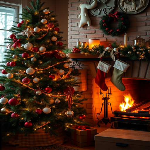 Create a cozy holiday scene featuring a decorated Christmas tree next to a stone fireplace with stockings hanging and a gentle fire burning, using a Canon EOS 5D Mark IV with a 50mm f/1.8 lens, aperture set to f/4, ISO 100, soft natural lighting, and a slightly elevated angle to capture both the tree and fireplace in a warm atmosphere.