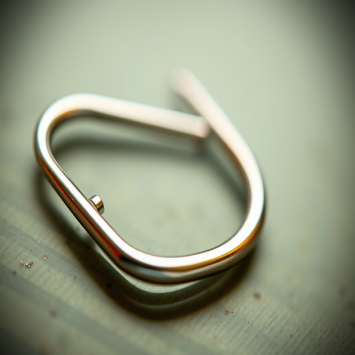 Create a high-resolution image of a safety pin with a shiny metallic finish, captured in a macro view using a DSLR camera with a 50mm lens, aperture set to f/2.8, ISO 100, and a shallow depth of field for a blurred background effect.