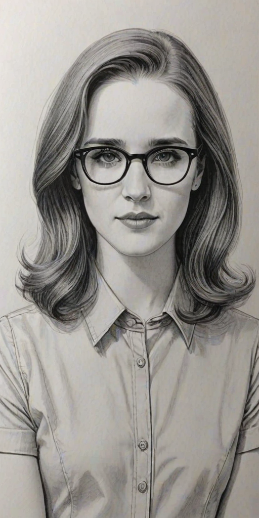 Charming Rachel Brosnahan, pencil sketch, portrait of Alluring woman 1970s in glasses, hair style beatnik, outline, clear lines, fine lines, 8k