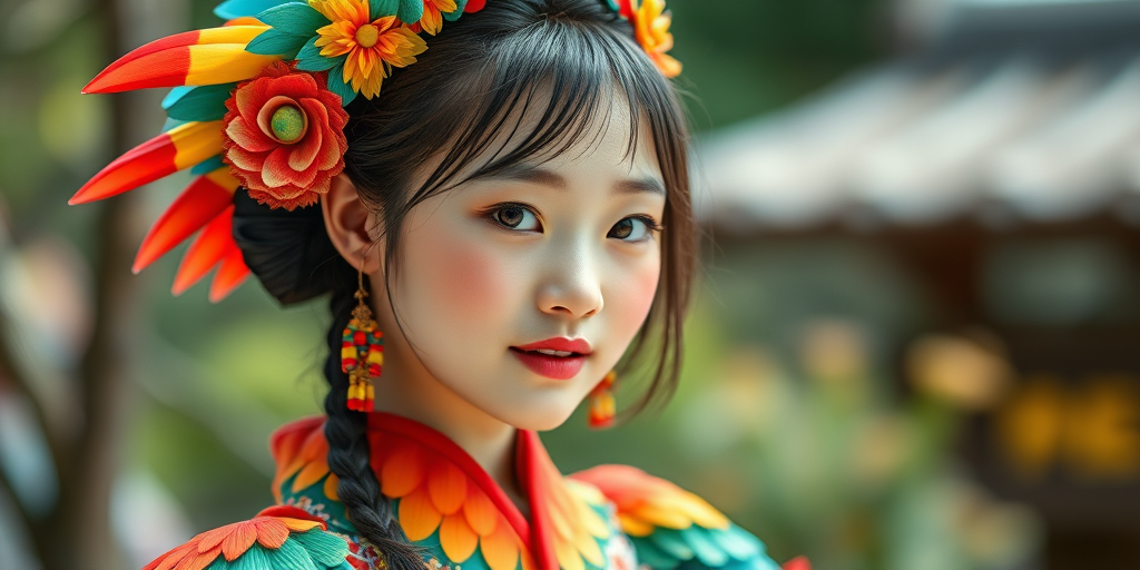 A beautiful Japanese girl, wearing colorful bird clothing with vibrant colors