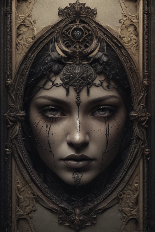 Enigmatic Portrait of a Woman Adorned with Intricate Dark Jewelry