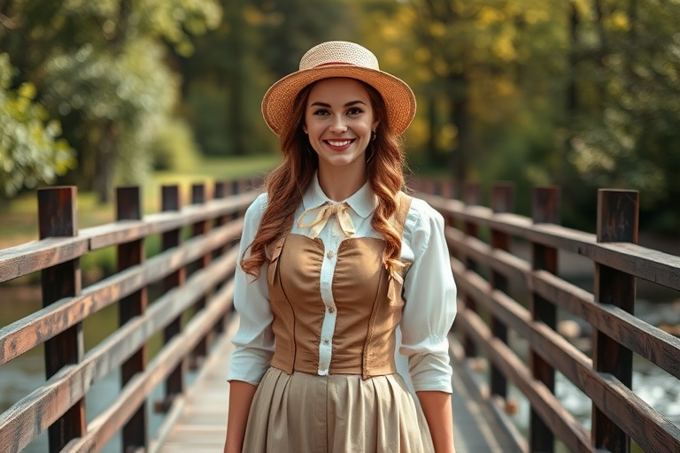 regenerate the image of a woman in vintage attire standing on a wooden bridge with a soft focus background of trees and a river, use a portrait orientation, aperture f/2.8 for shallow depth of field, ISO 100 for clarity, and natural lighting for a bright and cheerful atmosphere, captured with a DSLR camera.