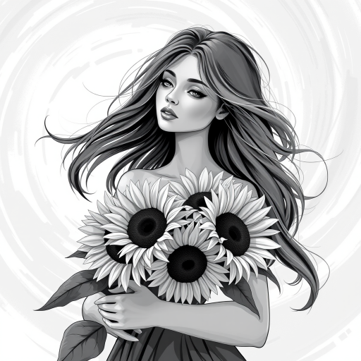 Create a high-contrast black and white illustration of a woman with flowing hair holding sunflowers, set against a swirling abstract background, using a DSLR camera with a 50mm lens, aperture f/1.8, ISO 100, and a soft-focus style to enhance details and textures.