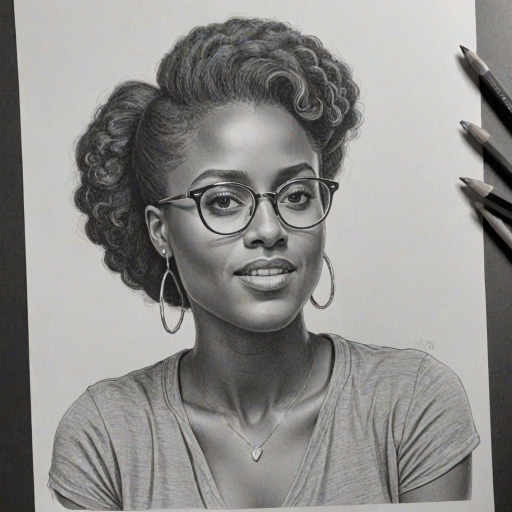 Lovely Issa Rae, pencil sketch, portrait of Wonderful woman 1952s in glasses, hair style beatnik, outline, clear lines, fine lines, 8k