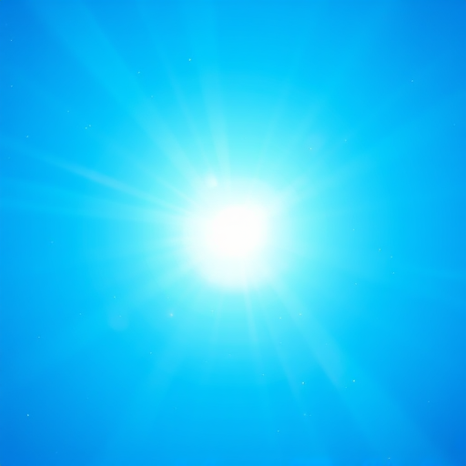 Create a bright blue gradient background with soft, radiant rays emanating from the center and delicate, shimmering particles scattered throughout, camera settings: ISO 100, aperture f/2.8, shutter speed 1/60s, camera view: wide angle, camera style: abstract, camera type: digital SLR.