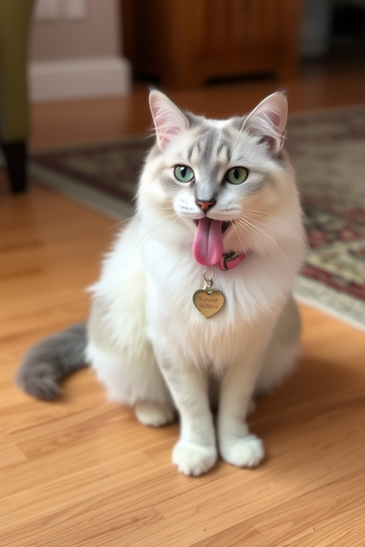 A fluffy white cat with gray markings sitting on a wooden floor sticking its tongue out wearing a pink collar with a heart-shaped tag in a cozy indoor setting with a rug in the background.