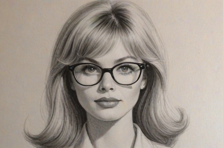 Wonderful Cindy Morgan, pencil sketch, portrait of Enticing woman 1958s in glasses, hair style beatnik, outline, clear lines, fine lines, 8k