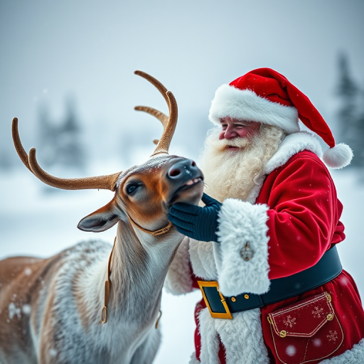 Generate a festive scene of Santa Claus joyfully interacting with a reindeer in a snowy landscape, shot with a Canon EOS R5, 50mm lens, f/1.8 aperture, 1/250 sec shutter speed, vibrant colors, and a soft focus background.