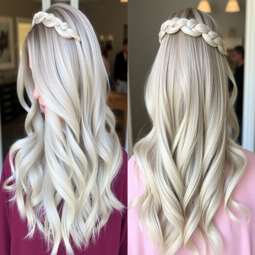 Cool ash blonde hair is transformed into the ethereal "Moonlit Haze" style. The long, layered cut is styled in soft, romantic waves that seem to float weightlessly. Pale silver highlights throughout create a subtle shimmer, while a delicate braided crown adds an elegant, otherworldly touch to this dreamy look.