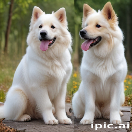 A Beautiful Samoyed Dog Sitting Happily in a Lush Green Forest.