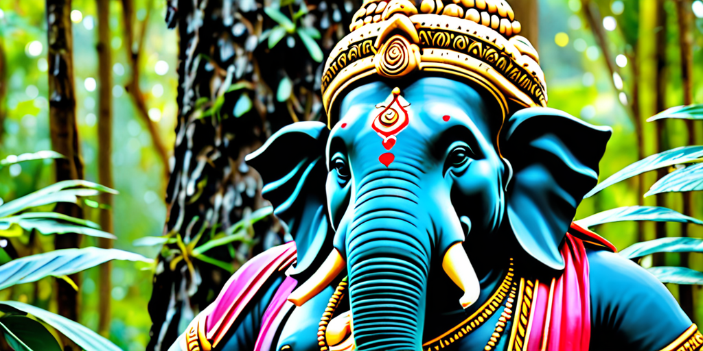 kan du lave et billede af ganesha skåret ud af et gigantisk træ der ser meget gammelt ud med mos og kæmpe rødder i en kæmpe stor fortryllet jungle med en vandfald