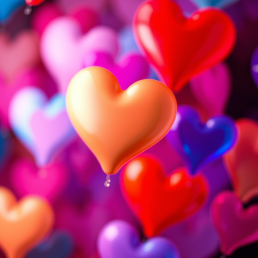 Create a vibrant abstract image of swirling hearts in various colors, using a Canon EOS 5D Mark IV with a 50mm lens, aperture set to f/1.8, ISO 200, and a shutter speed of 1/60s, with a shallow depth of field for enhanced bokeh effect.