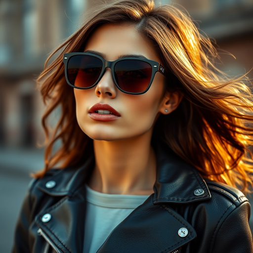 Outdoor shot, stunning female model, vintage leather jacket, sunglasses, cinematic effect, Position the camera at the model’s eye level using a 35mm f/1.4 lens