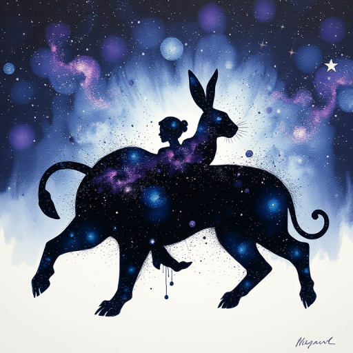 Captivating conceptual render alcohol ink art, double exposure, the paint strokes artfully merge combining a woman's full silhouette with a Humble hare's silhouette. The figures are composed of a series of colored dots, lines & spots that evoke the image of a cosmic galaxy, colors are deep shades of blue purple & black with flashes of white & silver representing distant stars. The woman's silhouette is formed within the lion's silhouette from constellations of scattered stars, surreal