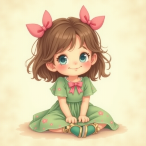 digital illustration of a kid girl with brown hair and blue eyes, sitting on the floor with her legs crossed and her hands resting on her knees. she is wearing a green floral dress with a pink bow on the front and a pair of green shoes with gold ribbon. She has a pink bows on her head. The background is a light beige color with a subtle texture. whimsical and dreamy.The color scheme is soft and muted pastel.