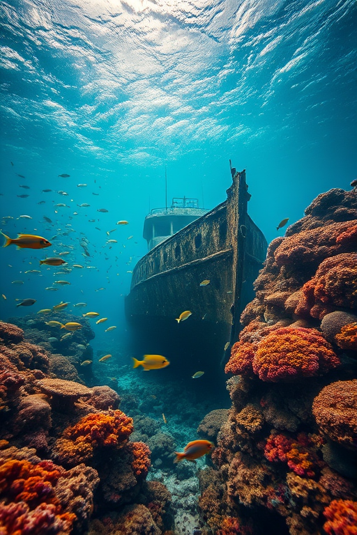 A sunken shipwreck surrounded by vibrant coral reefs and schools of fish, captured with a Canon EOS R5, 24mm lens, f/8 aperture, 1/250s shutter speed, underwater view, high dynamic range style for enhanced detail and color saturation.
